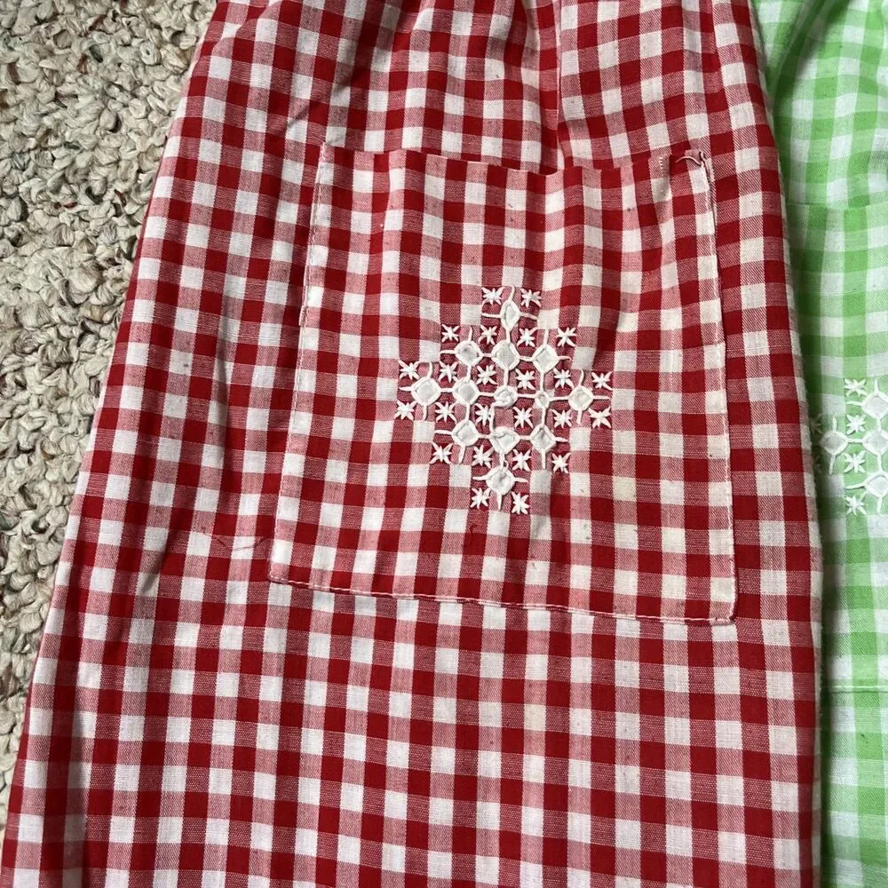 3 VTG Homemade Embroidered 2 Red 1 Green Gingham Check Pleated Aprons Mid Cent